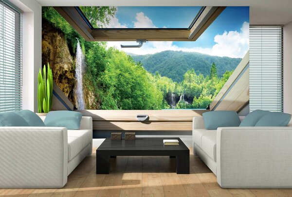Foto tapeta - Pogled s prozora na slap i šumu (152,5x104 cm)