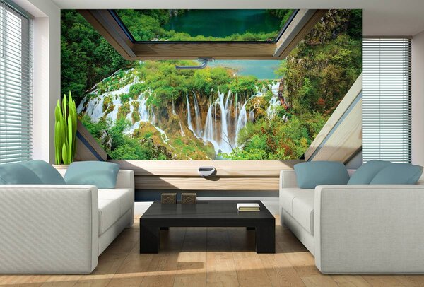 Foto tapeta - Pogled s prozora na slap i šumu (152,5x104 cm)