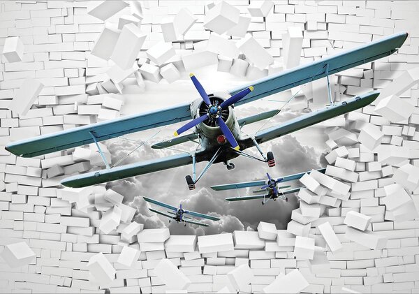 Foto tapeta - Avion izlijeće iz zida 3D (152,5x104 cm)