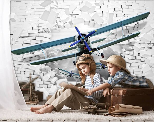 Foto tapeta - Avion izlijeće iz zida 3D (152,5x104 cm)