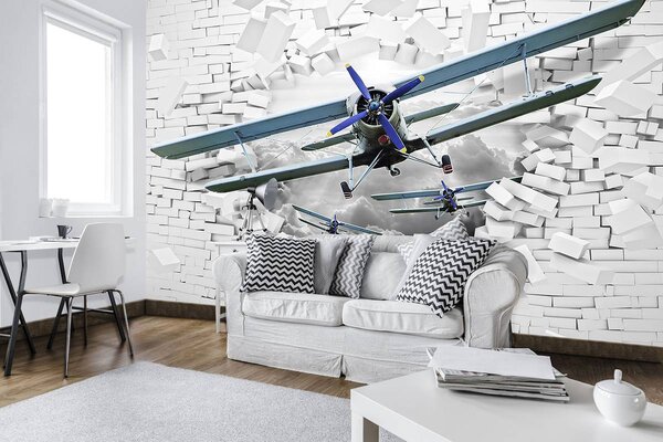 Foto tapeta - Avion izlijeće iz zida 3D (152,5x104 cm)
