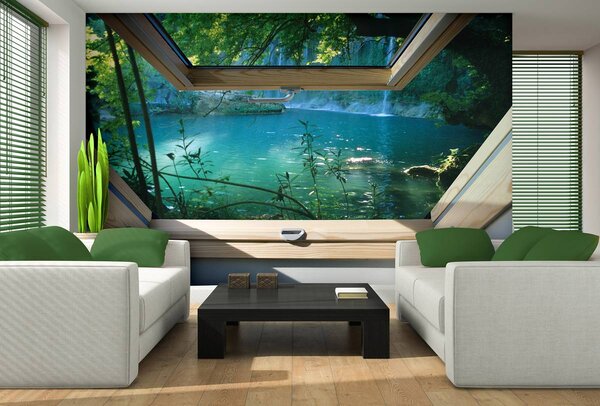 Foto tapeta - Pogled s prozora na tirkizno jezero (152,5x104 cm)