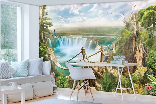 Foto tapeta - Most od konopa preko slapa (152,5x104 cm)