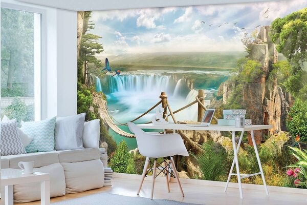 Foto tapeta - Most od konopa preko slapa (152,5x104 cm)