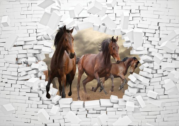 Foto tapeta - 3D konji u zidu (152,5x104 cm)