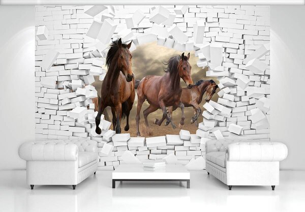 Foto tapeta - 3D konji u zidu (152,5x104 cm)