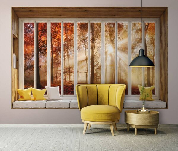 Foto tapeta - Pogled s prozora na jesen u šumi (152,5x104 cm)