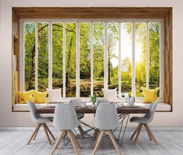Foto tapeta - Sunčani pogled s prozora na stabla (152,5x104 cm)