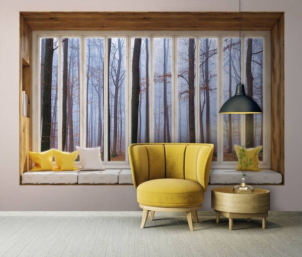 Foto tapeta - Šuma obavijena maglom - prozor (152,5x104 cm)