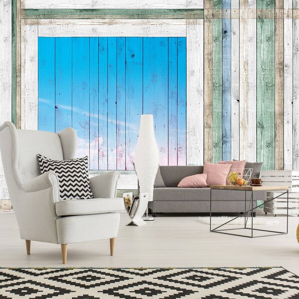 Foto tapeta - Drvene daske - plavi prozor (152,5x104 cm)