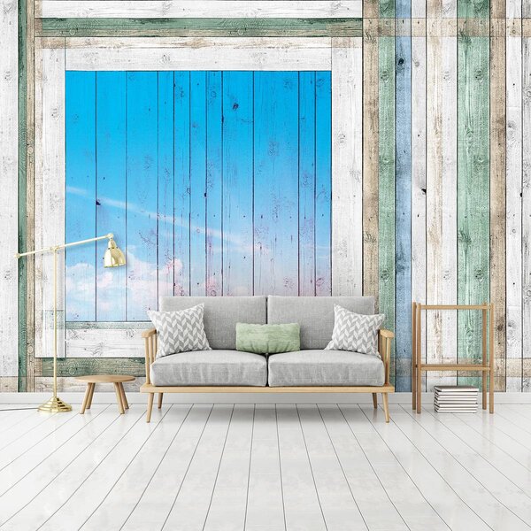 Foto tapeta - Drvene daske - plavi prozor (152,5x104 cm)