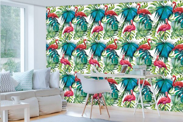 Foto tapeta - Flamingosi i lišće (152,5x104 cm)