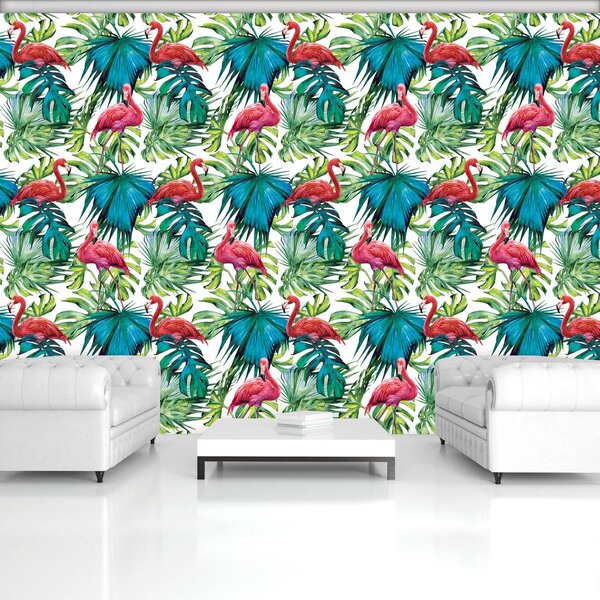 Foto tapeta - Flamingosi i lišće (152,5x104 cm)