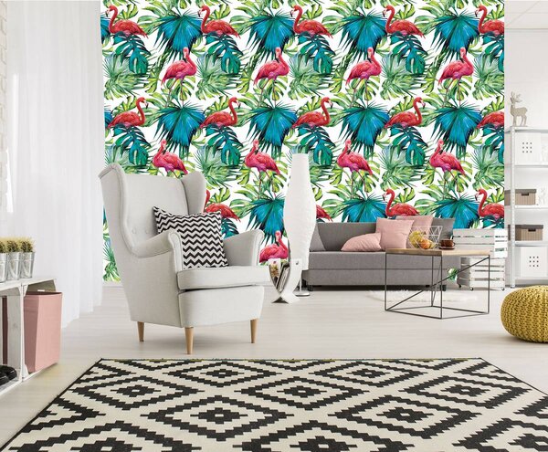 Foto tapeta - Flamingosi i lišće (152,5x104 cm)