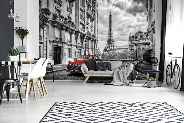 Foto tapeta - Crveni automobil u Parizu (152,5x104 cm)