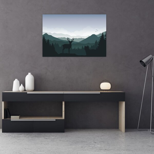 Slika - Jelen z volkom v skalah (90x60 cm)