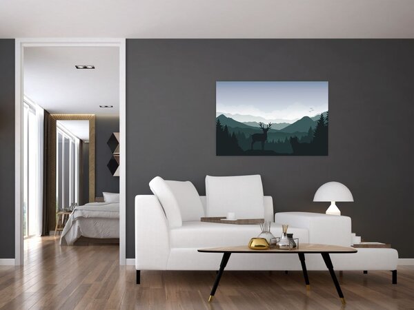 Slika - Jelen z volkom v skalah (90x60 cm)