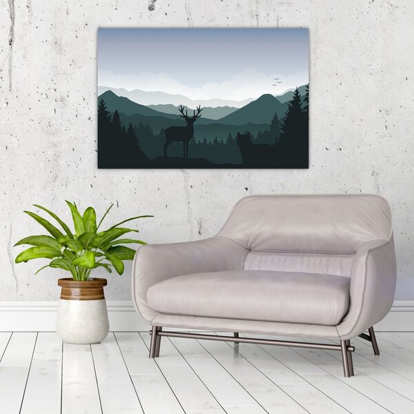Slika - Jelen z volkom v skalah (90x60 cm)