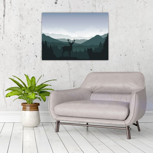 Slika - Jelen z volkom v skalah (70x50 cm)
