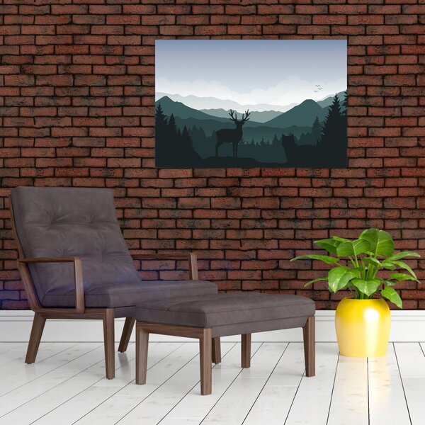 Slika - Jelen z volkom v skalah (90x60 cm)