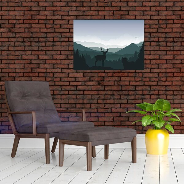 Slika - Jelen z volkom v skalah (70x50 cm)