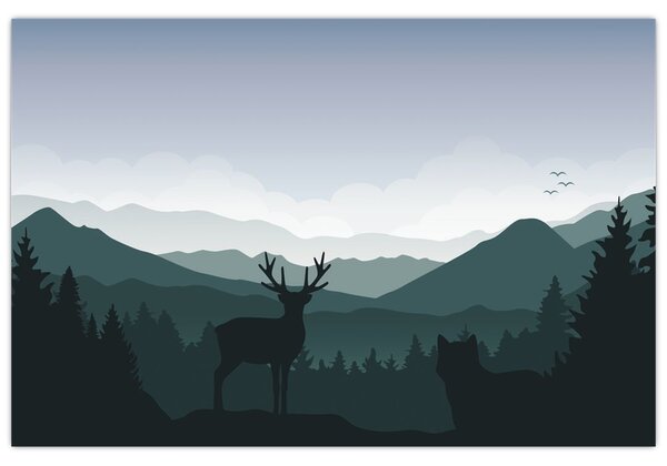 Slika - Jelen z volkom v skalah (90x60 cm)