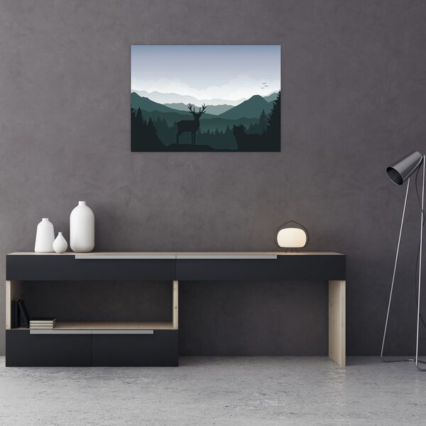Slika - Jelen z volkom v skalah (70x50 cm)