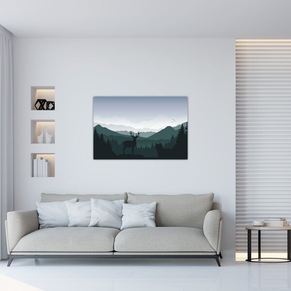 Slika - Jelen z volkom v skalah (90x60 cm)