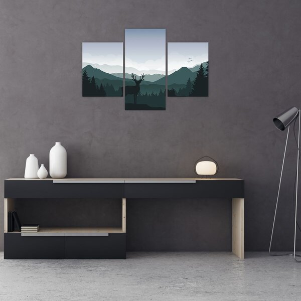 Slika - Jelen z volkom v skalah (90x60 cm)
