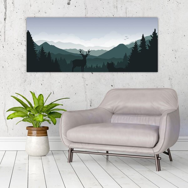 Slika - Jelen z volkom v skalah (120x50 cm)
