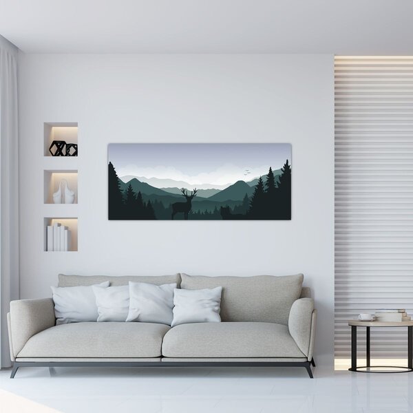 Slika - Jelen z volkom v skalah (120x50 cm)