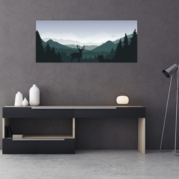 Slika - Jelen z volkom v skalah (120x50 cm)