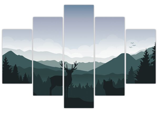 Slika - Jelen z volkom v skalah (150x105 cm)