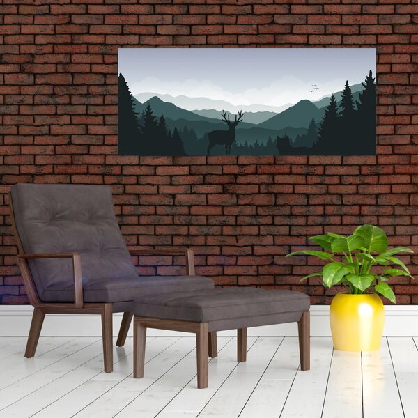 Slika - Jelen z volkom v skalah (120x50 cm)