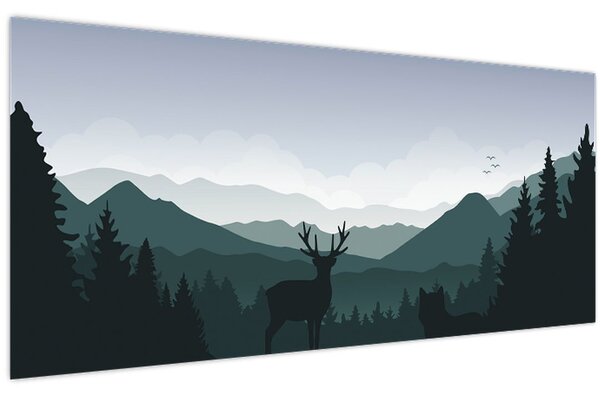 Slika - Jelen z volkom v skalah (120x50 cm)
