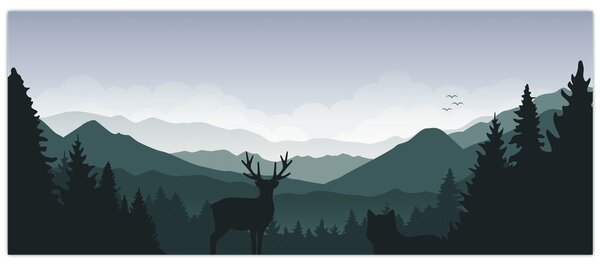 Slika - Jelen z volkom v skalah (120x50 cm)