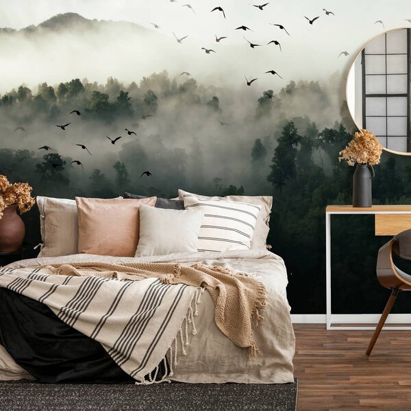 Foto tapeta - Ptice, šuma i magla (152,5x104 cm)