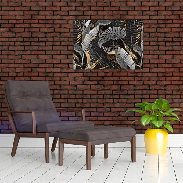 Slika - Tropski listi v črni in zlati barvi (70x50 cm)
