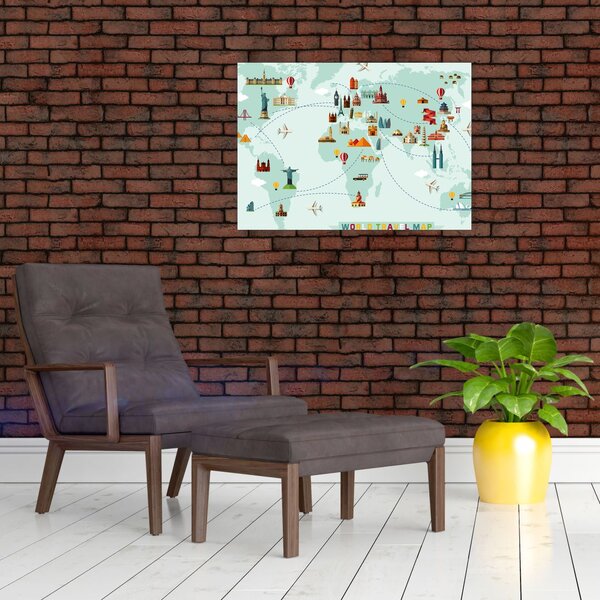 Staklena slika - Zemljevid s piktogrami spomenikov (70x50 cm)