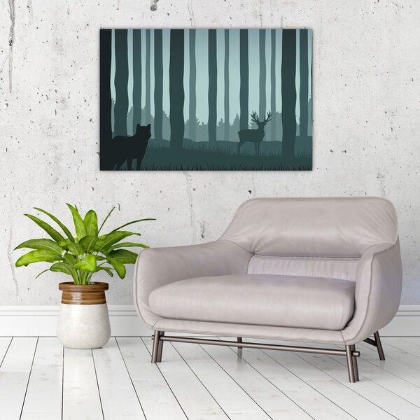 Slika - Jelen z volkom v skalah (90x60 cm)