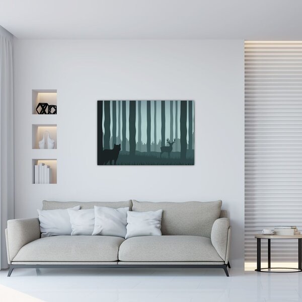 Slika - Jelen z volkom v skalah (90x60 cm)