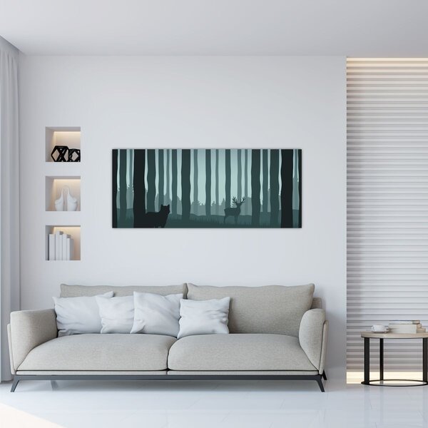 Slika - Jelen z volkom v skalah (120x50 cm)