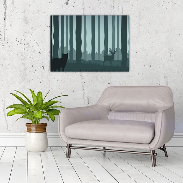 Slika - Jelen z volkom v skalah (70x50 cm)