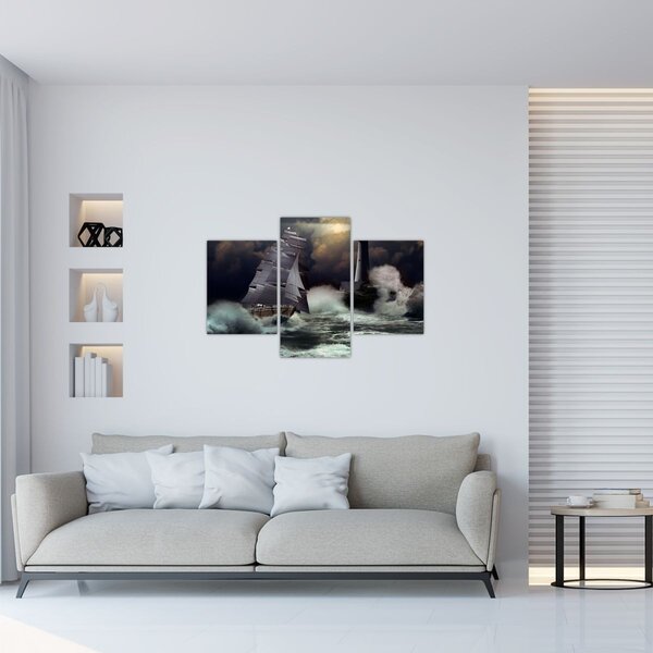 Slika - Ladja, ki pluje skozi nevihtne valove (90x60 cm)