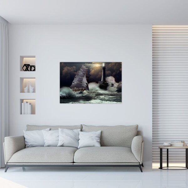 Slika - Ladja, ki pluje skozi nevihtne valove (90x60 cm)