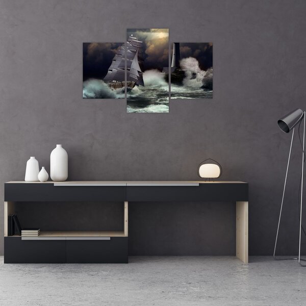 Slika - Ladja, ki pluje skozi nevihtne valove (90x60 cm)