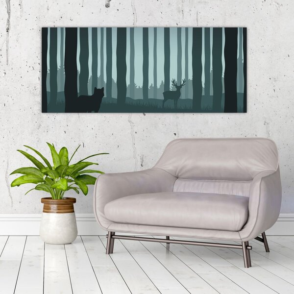 Slika - Jelen z volkom v skalah (120x50 cm)