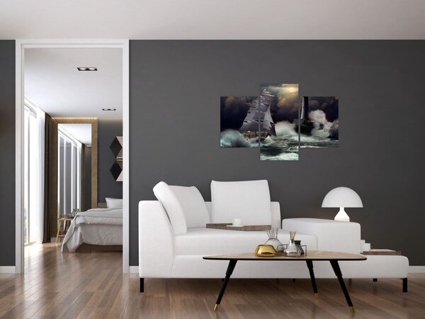 Slika - Ladja, ki pluje skozi nevihtne valove (90x60 cm)