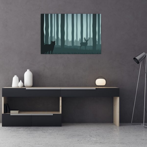 Slika - Jelen z volkom v skalah (90x60 cm)