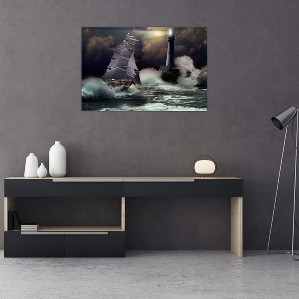 Slika - Ladja, ki pluje skozi nevihtne valove (90x60 cm)